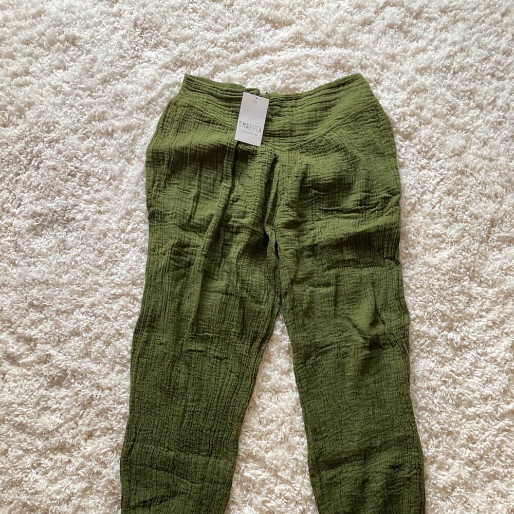 Olive Green Hippie Boho Pants Cotton Elastic Waist Size S